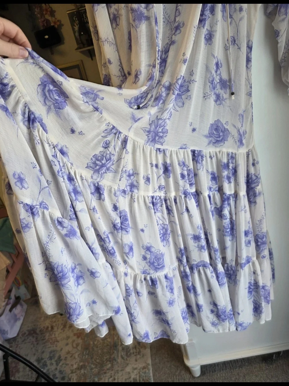 Free People Cream Blouse with Blue Floral Ruffle V-Neck
